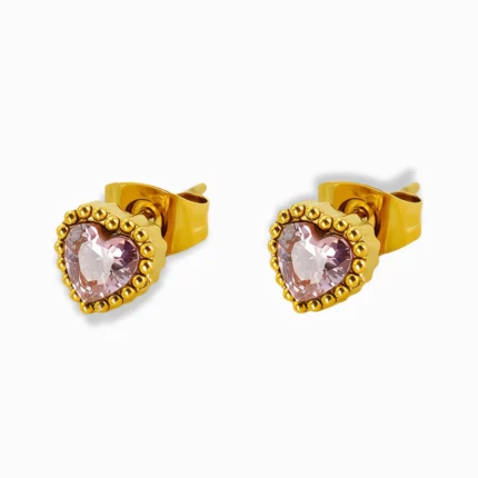Glozya 18K Gold Plated Pink Heart CZ Stud Earrings featuring a delicate pink cubic zirconia heart set in a gold-plated stainless steel beaded frame, designed to be hypoallergenic and tarnish-free.