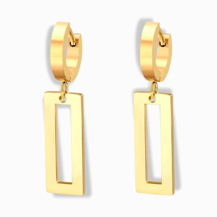 Glozya 18K Gold Plated Rectangle Drop Congo Earrings featuring a modern geometric design, crafted from stainless steel with triple-layer 18K gold plating, hypoallergenic and waterproof.