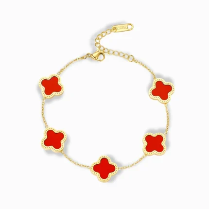 Glozya 18K Gold Plated Red Clover Bracelet featuring elegant red clover charms and an adjustable chain.