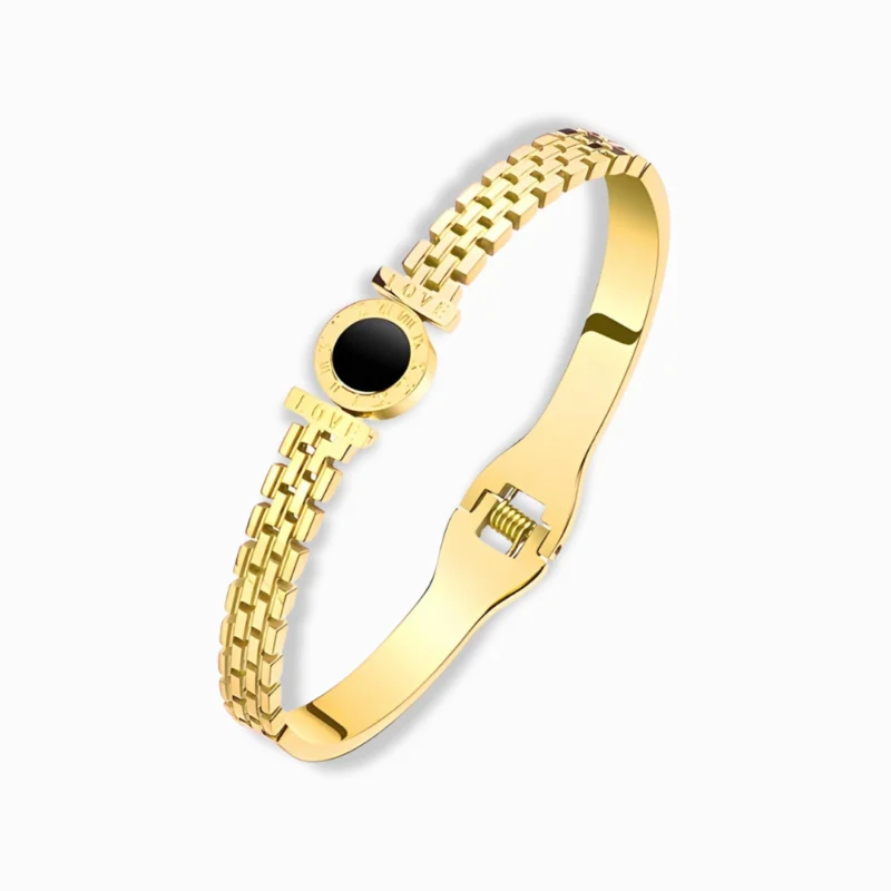 Glozya 18K Gold Plated Roman Numeral Bracelet featuring an engraved design with a black centerpiece.