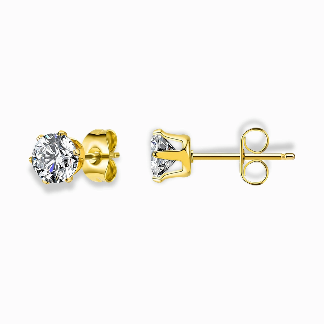 Glozya 18K Gold Plated Round CZ Stud Earrings – Classic & Sparkling Glozya 18K Gold Plated Round CZ Stud Earrings featuring a sparkling cubic zirconia stone set in stainless steel with triple-layer 18K gold plating, hypoallergenic and waterproof.