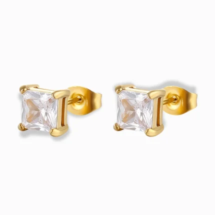 Close-up of Glozya 18K Gold Plated Square Zircon Stud Earrings with brilliant cubic zirconia, set in a hypoallergenic, waterproof gold-plated frame.