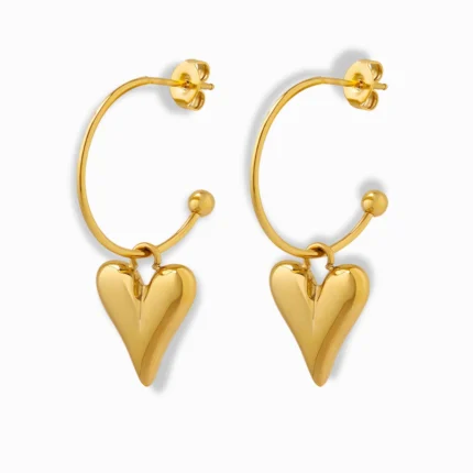 Glozya 18K Gold Plated Swinging Heart Stud Earrings featuring a playful heart design with a secure stud closure. Made from stainless steel with triple-layer 18K gold plating, they are hypoallergenic, waterproof, and tarnish-free.