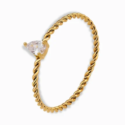18K Gold Plated Teardrop CZ Rope Band Ring – Minimalist & Elegant