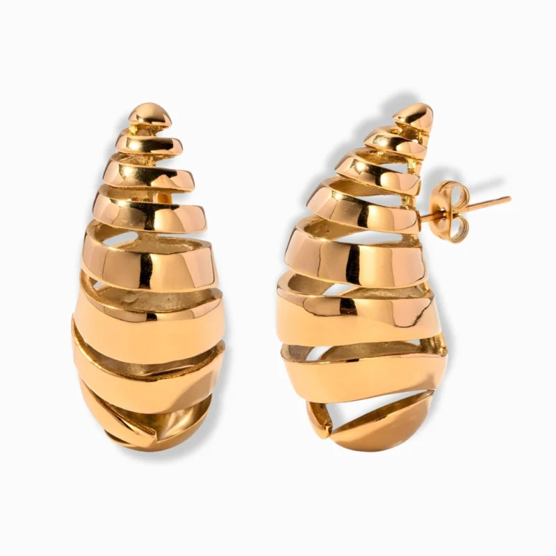 Glozya 18K Gold Plated Teardrop Shell Stud Earrings featuring a spiral shell-inspired design in a high-polish gold-plated stainless steel finish, crafted to be waterproof, hypoallergenic, and tarnish-free.