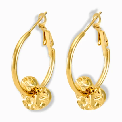 Glozya 18K Gold Plated Textured Heart Hoop Earrings featuring a bold hoop with a hammered heart charm, crafted from waterproof, hypoallergenic gold-plated stainless steel.