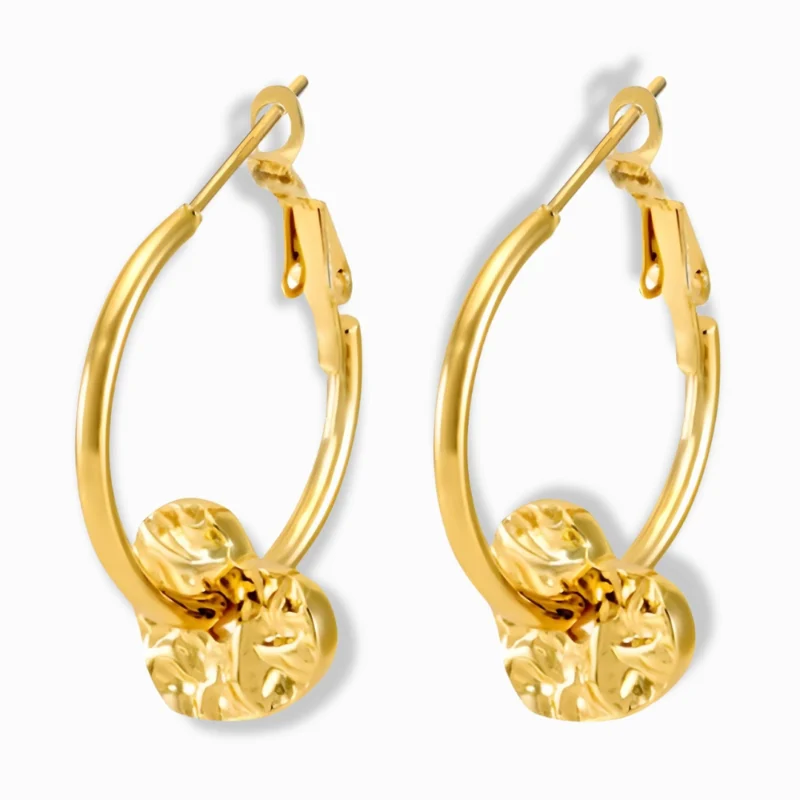 Glozya 18K Gold Plated Textured Heart Hoop Earrings featuring a bold hoop with a hammered heart charm, crafted from waterproof, hypoallergenic gold-plated stainless steel.