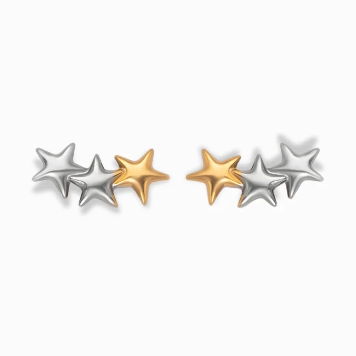 Glozya 18K Gold Plated Two-Tone Star Stud Earrings featuring a celestial-inspired dual-tone star design. Made from stainless steel with 18K gold plating, waterproof, hypoallergenic, and tarnish-free.