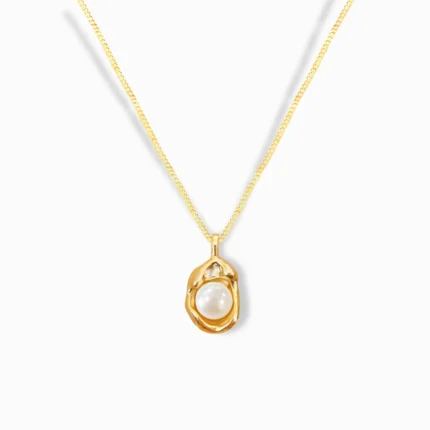18K Gold Plated Unique Pearl Necklace with a modern sculptural design.