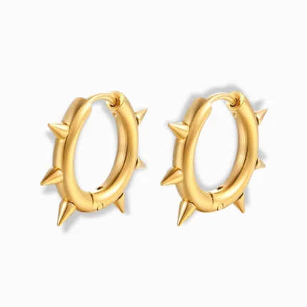 Glozya 18K Gold Plated Warrior Congo Earrings featuring a bold spiked hoop design in stainless steel with a high-polish 18K gold-plated finish. Waterproof, hypoallergenic, and tarnish-free.