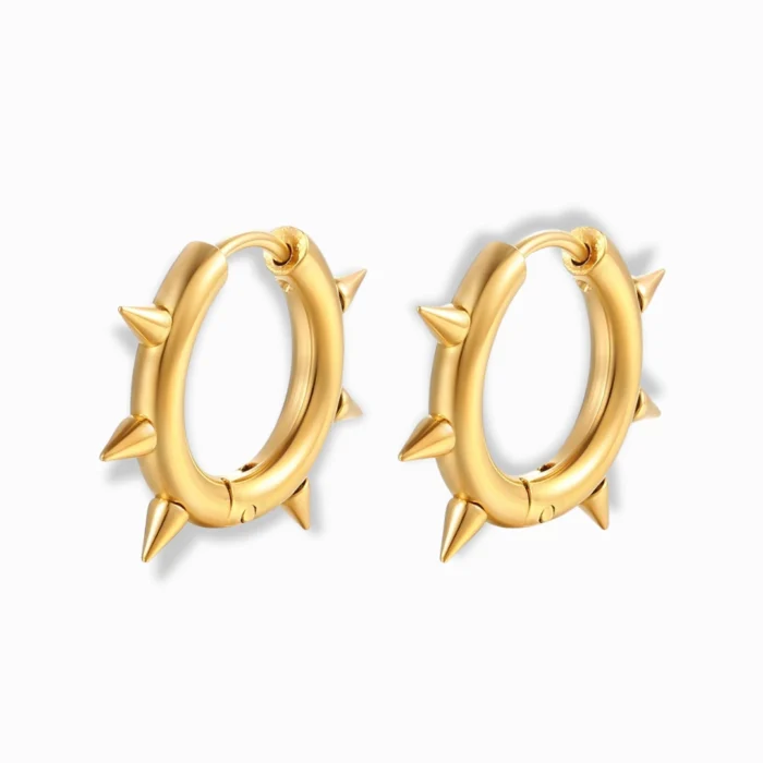Glozya 18K Gold Plated Warrior Congo Earrings featuring a bold spiked hoop design in stainless steel with a high-polish 18K gold-plated finish. Waterproof, hypoallergenic, and tarnish-free.