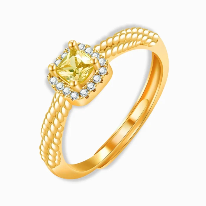 18K Gold Plated Yellow CZ Halo Ring – Adjustable & Elegant