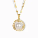 18K Gold Plated Zircon Pearl Pendant Necklace with cubic zirconia accents.