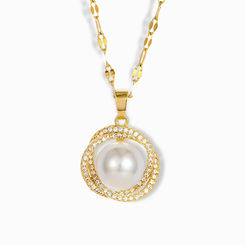 18K Gold Plated Zircon Pearl Pendant Necklace with cubic zirconia accents.