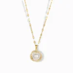 18K Gold Plated Zircon Pearl Pendant Necklace with cubic zirconia accents.