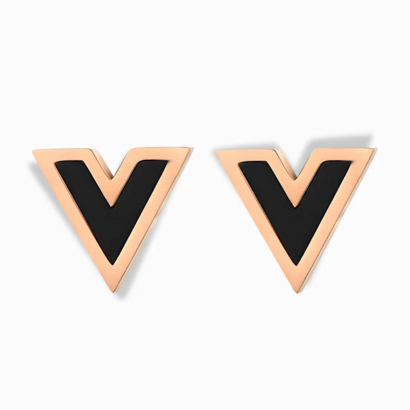 Glozya 18K Rose Gold Plated Black Enamel V Stud Earrings featuring a sleek V-shaped design with bold black enamel, crafted from waterproof, hypoallergenic gold-plated stainless steel.