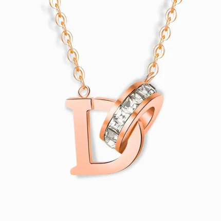 18K Rose Gold Plated Letter D Necklace with a zirconia ring.