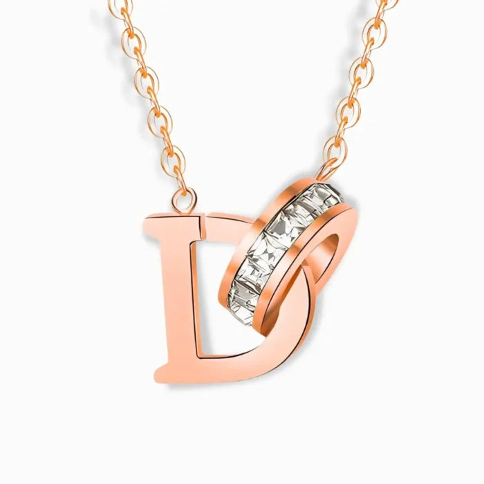 18K Rose Gold Plated Letter D Necklace with a zirconia ring.