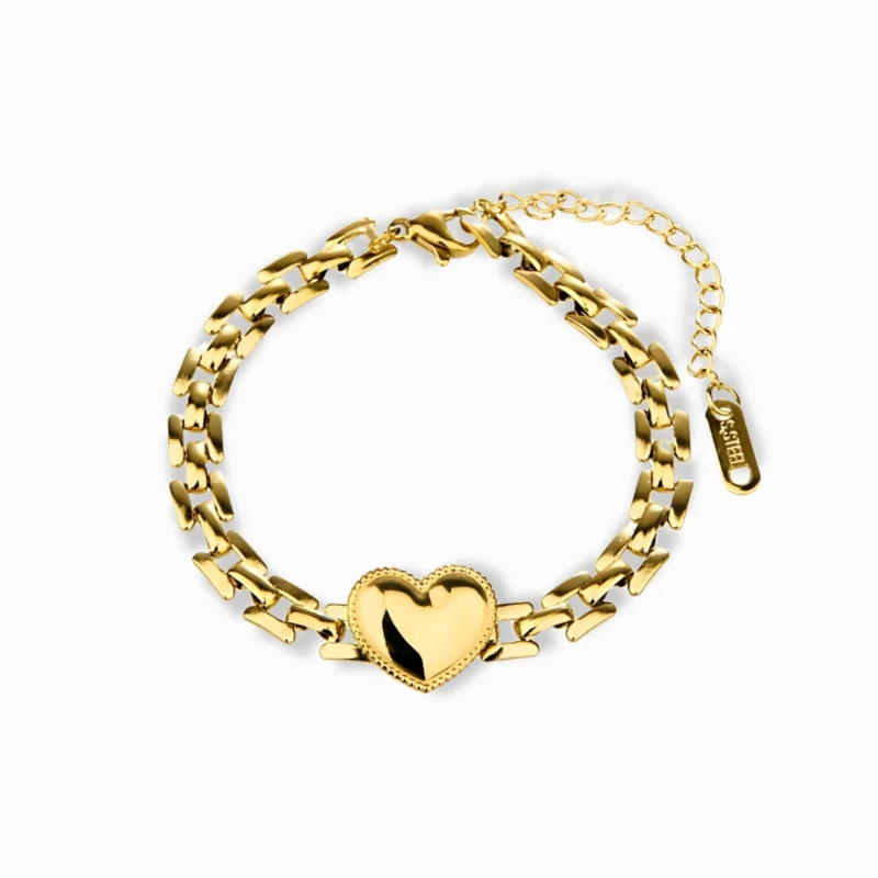 Glozya 18K Gold Plated Adjustable Love Bracelet with a bold heart charm and double-chain design for a stylish and modern look.