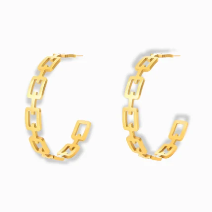 Glozya Stainless Steel Chain Link Stud Earrings featuring an open-link design, crafted from waterproof, hypoallergenic stainless steel with a radiant gold finish.