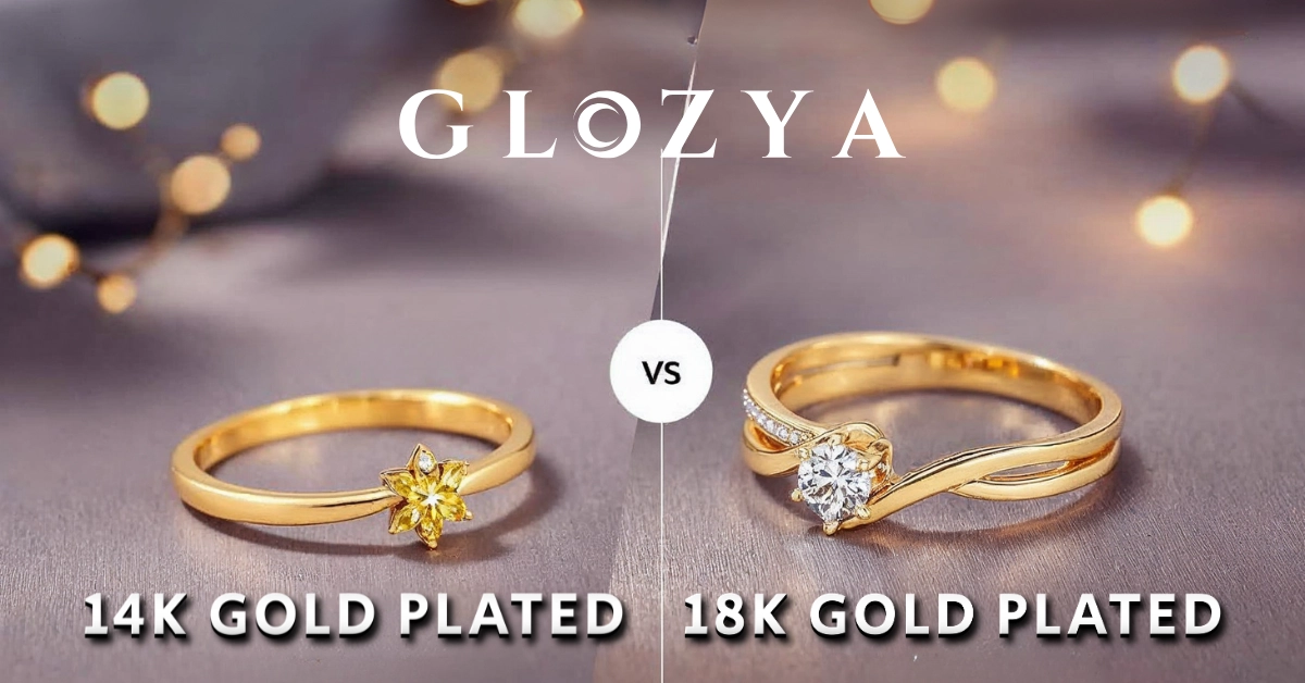 A side-by-side comparison of a 14K gold-plated ring and an 18K gold-plated ring, highlighting the differences in color and design, with the Glozya logo.