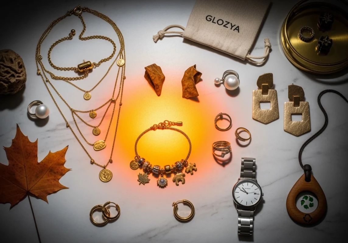 Flatlay of trending 2025 jewelry pieces including layered necklaces, pearl rings, charm bracelets, hoop earrings, statement earrings, minimalist rings, stainless steel watch, and eco-friendly jewelry on a marble background with warm lighting and a maple leaf accent.