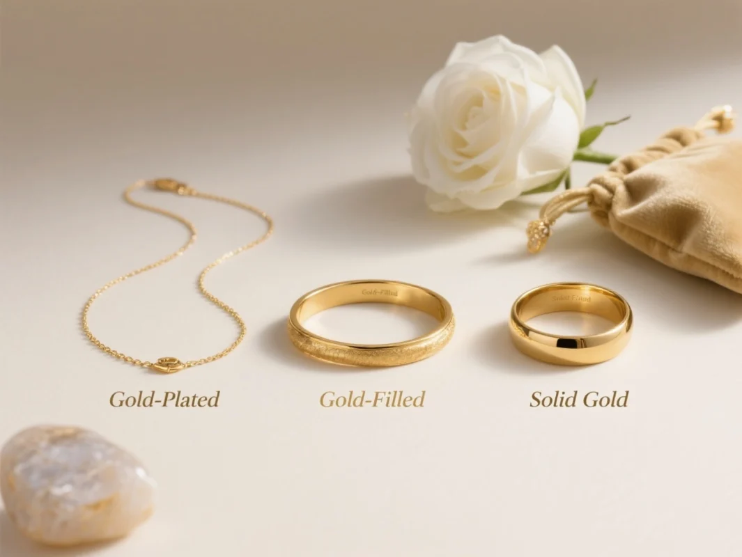 A flatlay image comparing gold-plated, gold-filled, and solid gold jewelry with a necklace, two rings, a white rose, a velvet pouch, and a polished stone on a cream background.