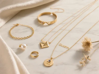 Flatlay of layered gold necklaces and matching accessories on a marble and silk background, featuring personalized, pendant, geometric, and minimalist styles.