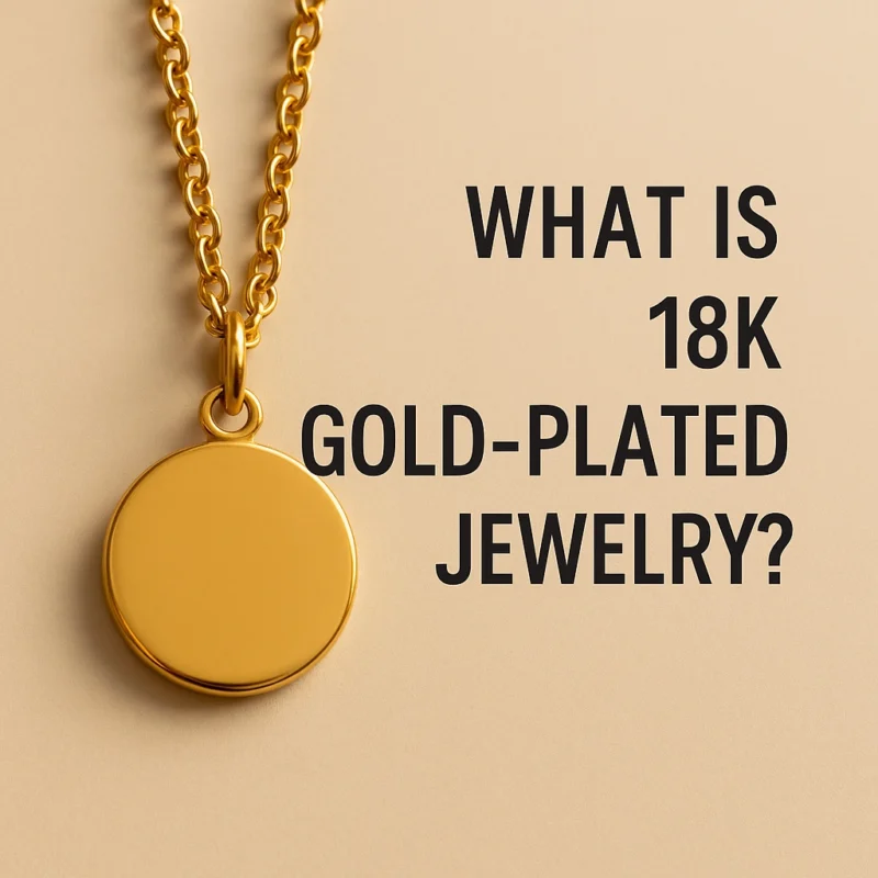Close-up of an 18K gold-plated pendant necklace with text asking "What Is 18K Gold-Plated Jewelry?" on a beige background