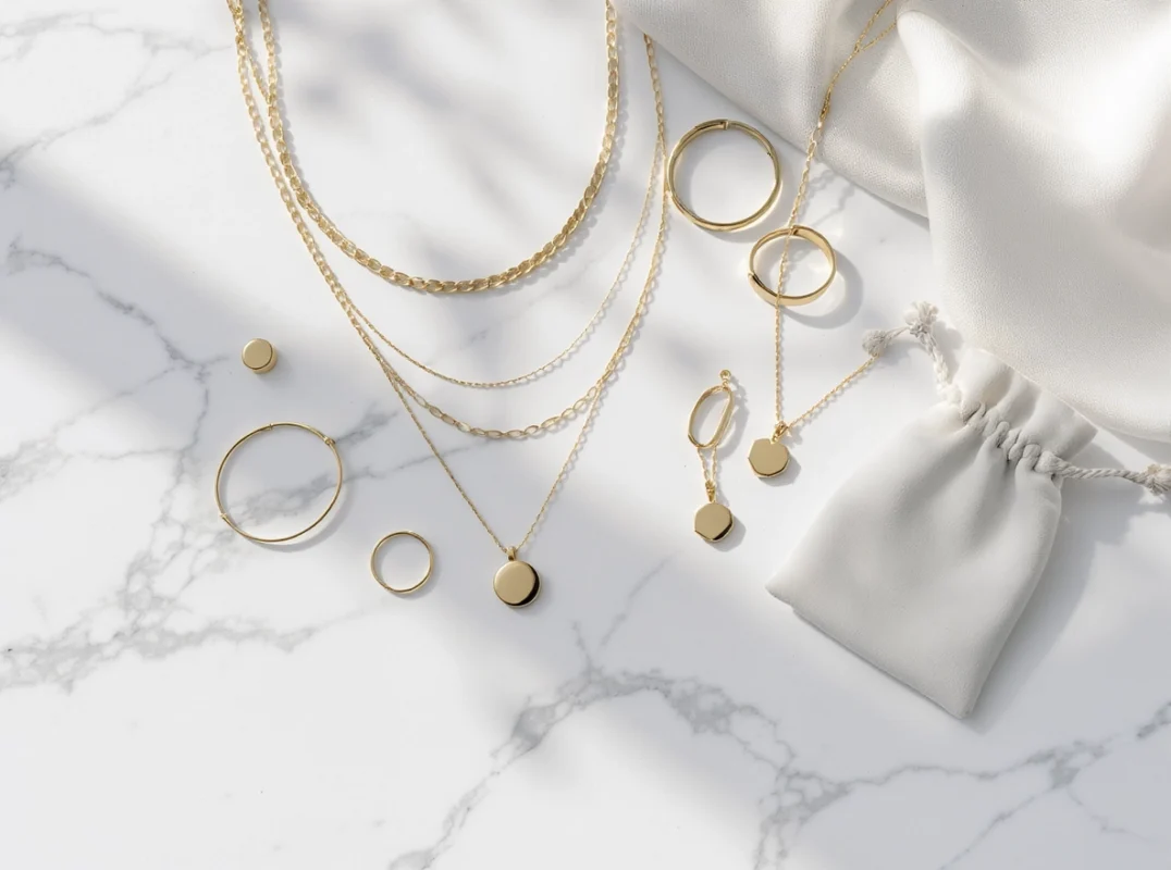 Flatlay of elegant 18K gold-plated necklaces, rings, bracelets, and earrings on white marble with a soft jewelry pouch, perfect for care and maintenance tips.