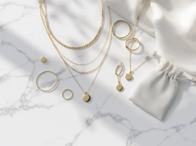 Flatlay of elegant 18K gold-plated necklaces, rings, bracelets, and earrings on white marble with a soft jewelry pouch, perfect for care and maintenance tips.