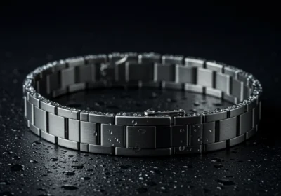 Stylised close-up of a stainless steel bracelet with a dark metallic background and headline: Is Stainless Steel Jewelry Hypoallergenic?